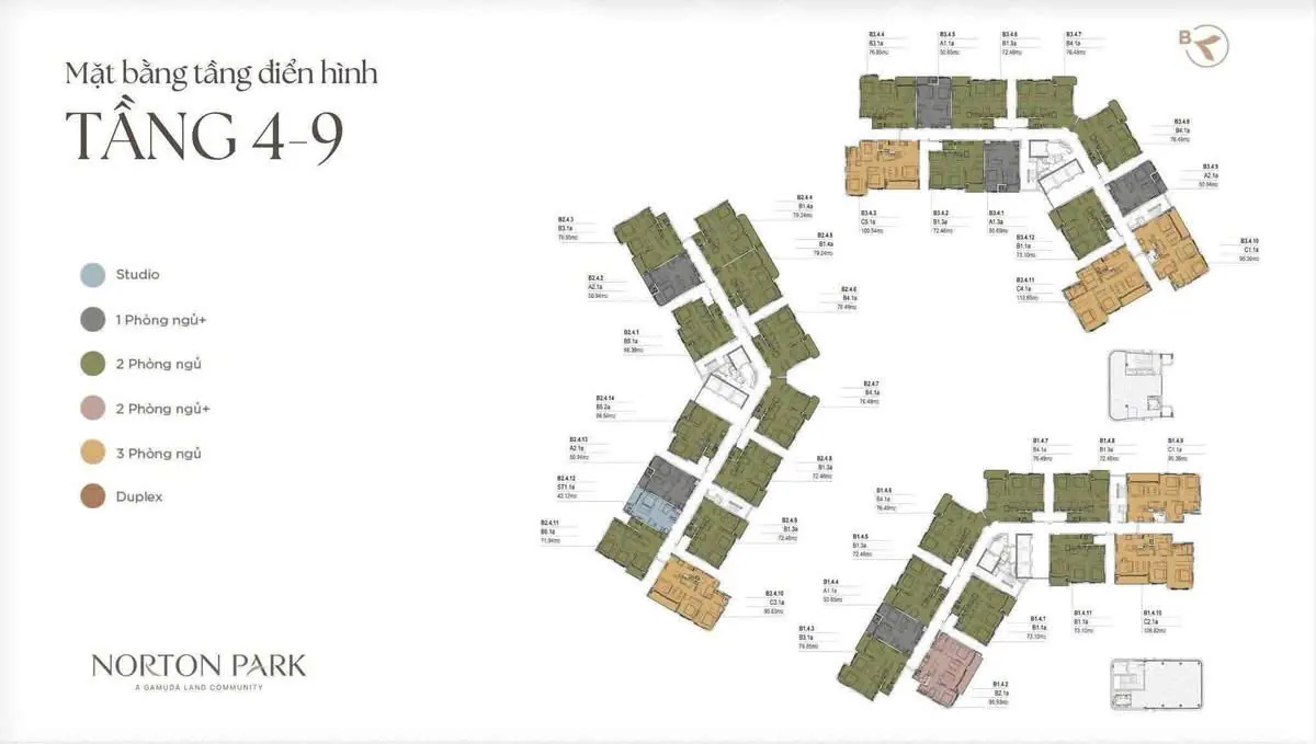 Mặt bằng tầng điển hình Norton Park với nhiều loại căn Studio, 1PN, 2PN, 3PN